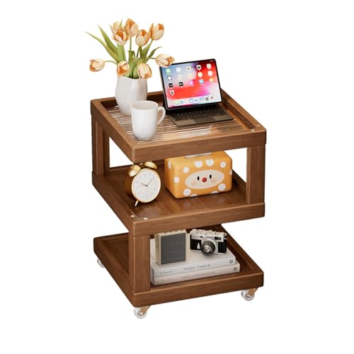 Nachttisch aus Holz, 3-stöckig, Nachttisch mit Tischplatte aus gehärtetem Glas, rollbarer Beistelltisch für Wohnzimmer, einfache Montage, kleiner Beistelltisch auf Rädern