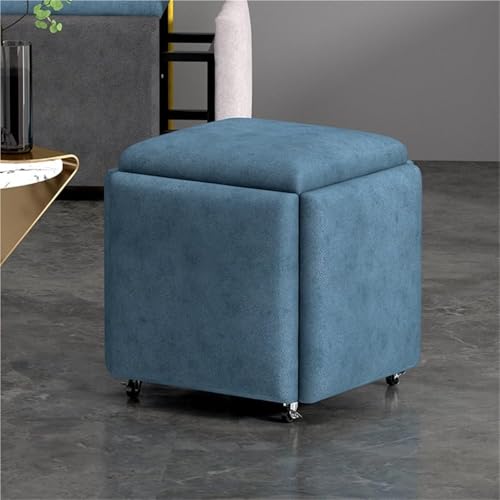 5-in-1 stapelbarer Hocker, Würfel, mit drehbaren Rollen, abnehmbarer Schminkstuhl, Salonstuhl, platzsparend, Ottomane (Blau, 40 x 14,5 x 14,5 cm)