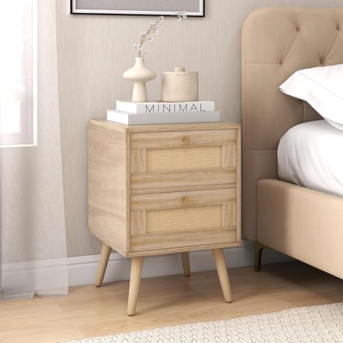FANTASK Nachttisch Set Rattan, Boho Nachtschrank mit 2 Schubladen & Massivholzbeinen, Beistelltisch Nachtkommode 40 x 40 x 59 cm, für Schlafzimmer Wohnzimmer, Natur