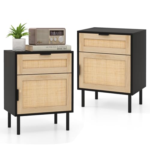 KOMFOTTEU 2 Stück Nachttisch mit Schublade & Tür aus Rattan, Couchtisch mit Metallbeinen, Schlafzimmermöbel mit Tür für Wohnzimmer, Büro, 45 x 30 x 59 cm, Natur (Schwarz)