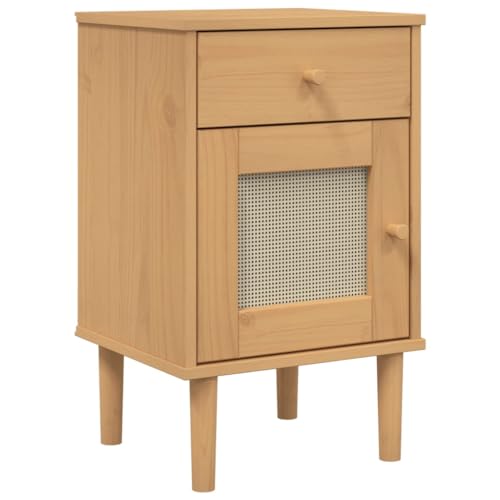 Gecheer Nachttisch,Nachtschrank mit 1 Schublade 1 Fach,Beistelltisch Nachtkonsole SENJA Rattan-Look,Kommode Nachtkommode 40 x 35 x 65 cm (B x T x H) für Schlafzimmer,Braun Massivholz Kiefer Braun