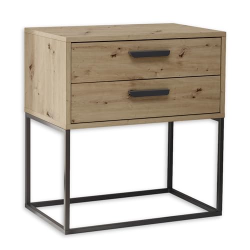 SUNA Nachttisch in Artisan Eiche Optik - Moderner Nachtschrank mit Schubladen und schwarzem Metallgestell - 60 x 65 x 38,5 cm (B/H/T)