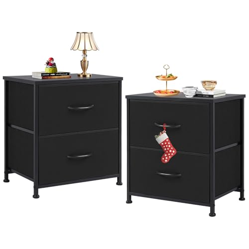 DUMOS Nachttisch 2er Set Beistelltisch Stoff Schubladenschrank Schmal Schrank Kommode Schlafzimmer Industrial Stil für Wohnzimme Kinderzimmer Flur Aufbewahrungsschrank