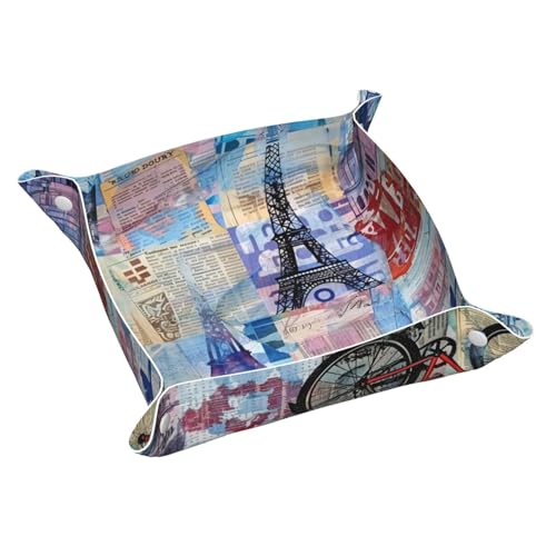 Nachttisch-Organizer, Retro-Collage von Paris mit Eiffelturm, Schreibtisch, Aufbewahrungsplatte, Auffangbehälter für Kleingeld, Schmuck, Schlüssel, Telefon, Uhren, Würfel