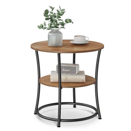 VASAGLE Beistelltisch, Couchtisch rund, Sofatisch, 2 Ablagen, Wohnzimmer, Schlafzimmer, einfacher Aufbau, Stahlrahmen, Industrie-Design, walnussbraun-tintenschwar z LET056B41