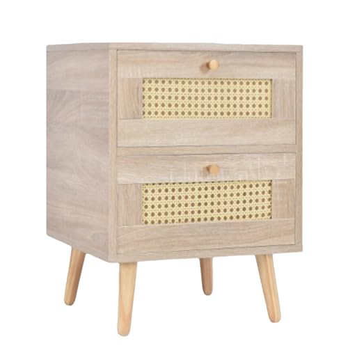 Gotagee Beiger Rattan Nachttisch 40x40x55 cm 2 Schubladen Schlafzimmer modern elegant