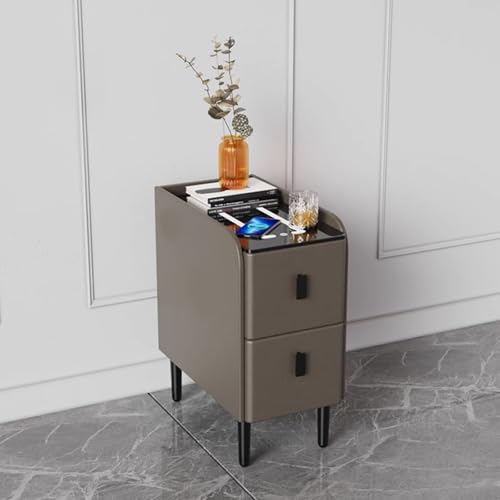 Brauner Nachttisch mit 2 Schubladen & USB-Ladestation Smart LED Nachttisch Kompakter multifunktionaler Beistelltisch fürs Schlafzimmer 30 cm schmales Design