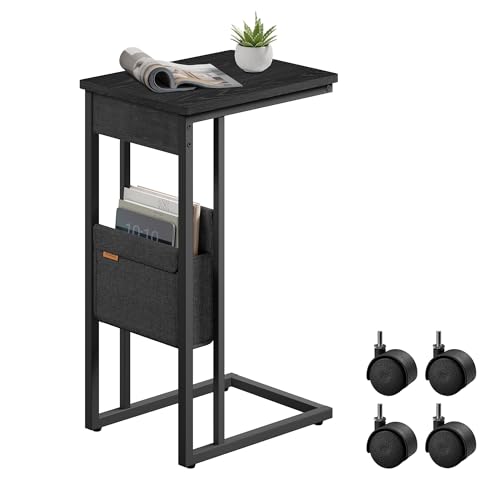 VASAGLE Beistelltisch, Sofatisch mit Rollen, C Form, Couchtisch klein, Stofftasche, verstellbare Füße, Schlafzimmer, Wohnzimmer, ebenholzschwarz LET357B56