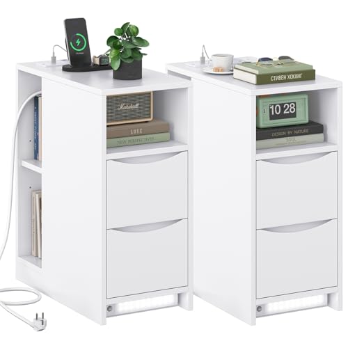 Brinlawb Nachttisch 2er Set mit Ladefunktion und LED-Beleuchtung, Nachttisch Schmal Nachtschrank 2er Set mit 3 offenen Fächern, 2 Schubladen, Beistelltisch Schmal Sofatisch für Schlafzimmer Wohnzimmer