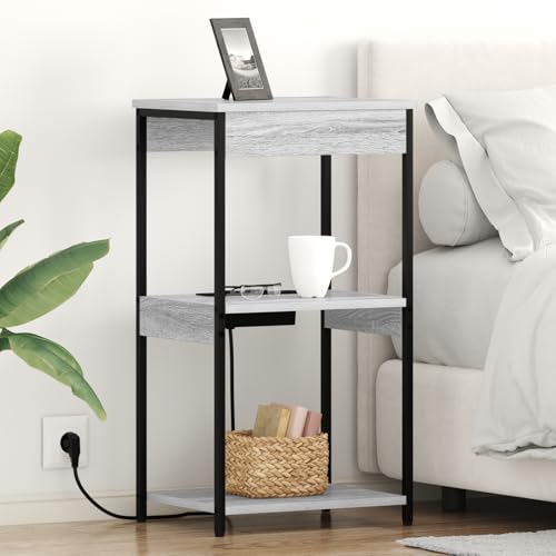 Fasba Nachttisch mit Ladestation mit Regal Grau Sonoma Holzwerkstoff, Schlafzimmer Nachtschrank Stilvolles Nachtkästchen für Wohnzimmer Hotelzimmer