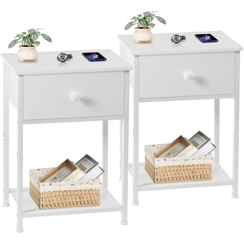 AMHANCIBLE Nachttisch 2er Set, Beistelltisch mit Stoffschubladen, Nachtkommode mit 2 Ablagen, Nachtschrank für Schlafzimmer, Wohnzimmer, Industriestil, 40 x 30 x 55 cm Weiß EHET03SDWT