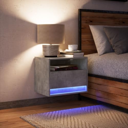 Schwebender Nachttisch mit 2 Etagen, mit LED-Lichtern, wandmontierter Nachttisch mit Schublade und Regal, rustikaler grauer Aufbewahrungsschrank für Schlafzimmer & Wohnzimmer