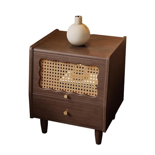 Farmhouse Rustikaler Nachttisch aus Holz mit 2 Schubladen und Rattan-Glastüren, stilvoller Beistellschrank für Schlafzimmerdekoration, weißer Nachttisch