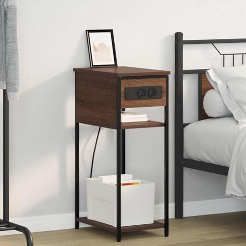 Runheo Nachttisch Braun Eichen-Optik, 41x28x76 cm Holzwerkstoff, mit Ladestation, 2 Regale, robust, für Schlafzimmer, Wohnzimmer