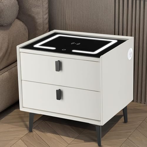 Oyajia Weiß Smart Nachttisch mit Funktion des Mobiltelefons kabelloses Aufladen, Nachttisch mit LED-Licht, 2 Schubladen Bettschrank, Kommode, Wohnzimmer, Schlafzimmermöbel Cremeweiß