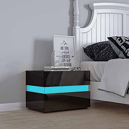 Nachttisch mit LED Licht Nachtschrank Endtisch 2 Schubladen und Hochglanz Kommode Beistelltisch für Schlafzimmer Wohnzimmer Schwarz