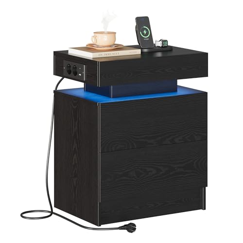 IRONCK Nachttisch Schwarz mit LED-Licht & Ladefunktion, Beistelltisch mit USB+Typ-C Anschlussen, Nachtschrank mit 2 Schubladen, Sofatisch für Schlafzimmer, Wohnzimmer, 35 x 48 x 60 cm