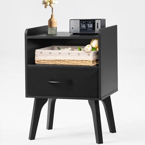 LELELINKY Nachttisch Holz,Nachtkästchen mit Geheimfach,Schwarz Nachtkommode 57cm Hoch Beistelltisch mit Stoff Schublade,Nachttische 30 cm breit für Schlafzimmer,Wohnzimmer und kleine Räume