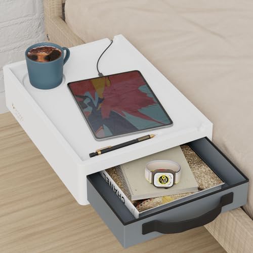 yamagahome Nachttisch zum einhängen aus Bambus, Bettregal zum Anklemmen mit Schubladen, Nachttisch Regal mit Getränkehalter und Kabelhalter für Bett & Etagenbett, Kinderzimmer und Schlafsaal, Weiß