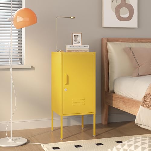 [en.casa] Nachttisch Hausjärvi Nachtschrank Metallschrank 82 x 35 x 35 cm mit 1 Tür Nachtkästchen Türgriff Links Nachtkommode abschließbar Büroschrank Metall Gelb