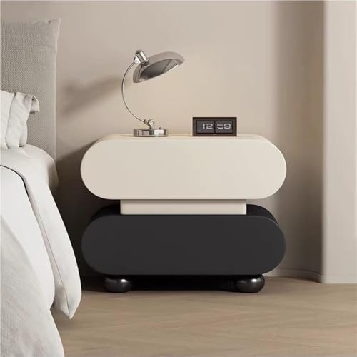 IROEJT Intelligenter Nachttisch mit Sensorbeleuchtung, moderner Schlafzimmerschrank aus Massivholz mit 2 Schubladen, kompakter Nachttisch aus Leder fürs Schlafzimmer?Beige Black 17.7x15.7x18.9in