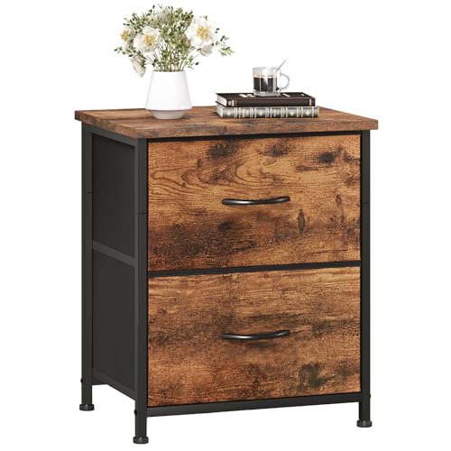 Somdot Nachttisch mit 2 Schubladen aus Stoff, Beistelltisch Klein mit Metallrahmen, Nachtschrank, Nachtkästchen, Kleiner Schrank für Schlafzimmer Wohnzimmer Kinderzimmer, Holzmaserung