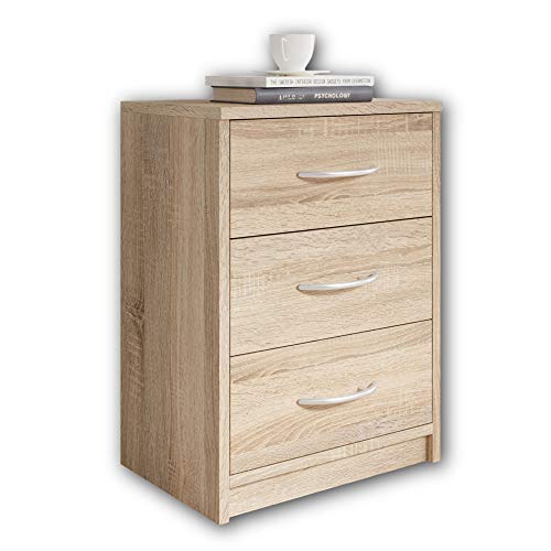 Stella Trading PEPE Nachttisch in Eiche Sonoma Optik - Schlichter Nachtschrank mit drei Schubladen passend zu jedem Bett & Schlafzimmer - 39 x 54 x 28 cm (B/H/T)