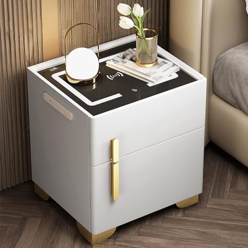 Smart Nachttisch mit verstecktem Safe, LED-Nachttisch mit USB/C-Ladeanschlüssen, einstellbare Helligkeit, Tischplatte aus gehärtetem Glas (Weiß, 45 x 40 x 50 cm)