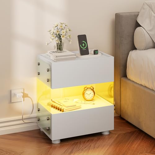 YITAHOME Nachttisch mit 2 Schubladen, schwebender Nachttisch mit 7-Farbiger LED-Lichtleiste, moderner Akzent-Beistelltisch mit mattiertem gehärtetem Glas für Schlafzimmer und Wohnzimmer, weiß