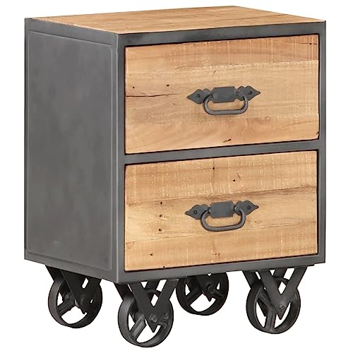 LVHUIDEH Nachttisch mit 2 Schubladen und 4 Rollen, Beistelltisch, kompakte Nachtschrank, Telefontisch, Nachtkonsole für Schlafzimmer Wohnzimmer, 40 x 30 x 51 cm, Altholz Massiv + Stahl