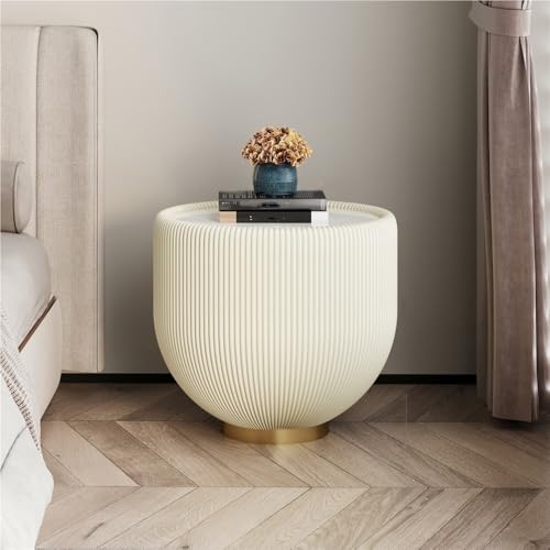 IROEJT Moderner runder Beistelltisch aus Leder und Massivholz, Marmor-Nachttisch mit Metallfuß, geeignet für Schlafzimmer und Wohnzimmer?Beige
