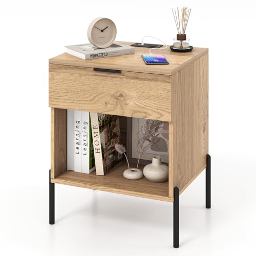 RELAX4LIFE Nachttisch mit Ladestation, Nachtschrank mit 2 Steckdosen, 1 USB- & Typ-C-Anschlüsse, Beistelltisch mit 2 Schubladen & offener Ablage, für Wohnzimmer, Schlafzimmer, 45 x 40 x 58 cm, Natur