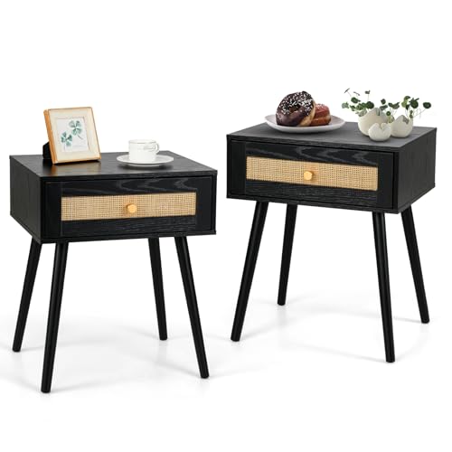 COSTWAY Nachttisch Rattan 2er Set, Nachtschrank mit Schublade und Massivholzbeine, Beistelltisch, Sofatisch, Nachtkonsole im Boho-Sti für Schlafzimmer, Wohnzimmer, 48 x 40 x 58 cm