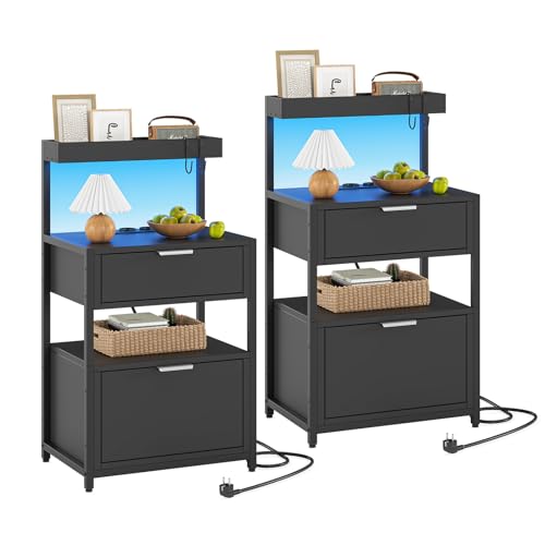 AOGLLATI Nachttisch 2er Set mit LED-Leuchte und Ladestation, Beistelltisch mit 2 Schubladen, 3 offene Fächer, Nachtschrank mit 2 USB-Anschlüssen und 2 Steckdosen, für Schlafzimmer, Wohnzimmer,Schwarz