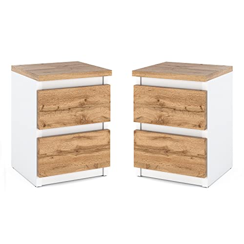 MRBLS Nachttisch 2er Set Nachtschrank Nachtkommode Modern Möbel mit Schubladen Kommode Holz Schubladenschrank für Ihr Schlafzimmer (Weiß Matt - Wotan) – 30 x 43 x 32,5 cm (B/H/T)