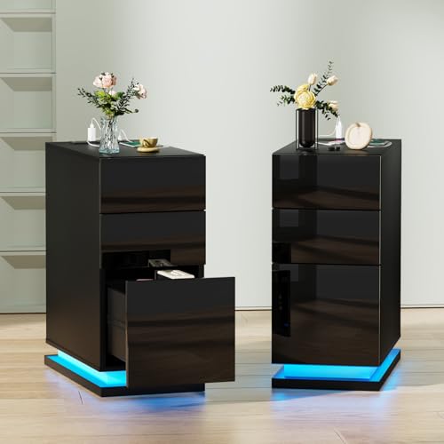 HaodaCulture Nachttisch Schmal 2er Set, Nachttisch mit LED Beleuchtung, Einstellbare 16 Farbe, Nachtschrank schwarz, Sofatisch, nachttische hoch für Schlafzimmer, Wohnzimmer 50x30x63cm