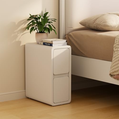 AQIMUELE Nachttisch Schmal Weiß, Beistelltisch mit 2 Schubladen, Nachtschrank Schmal, Installationfrei, Lederoberfläche, für Schlafzimmer, Wohnzimmer, Breite 20 cm (weiß)