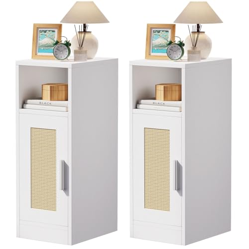 IBUYKE Rattan Nachttisch 2er Set, Schmal Beistelltisch mit Schublade,Kleiner Nachtschrank Platzsparend, für Schlafzimmer, Wohnzimmer,Arbeitszimmer, weiß WNS012W-2