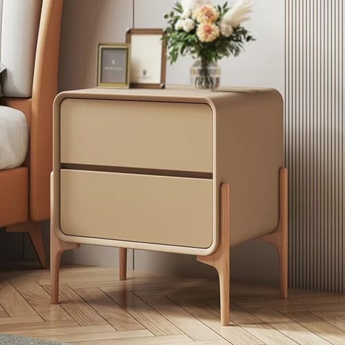 Minimalistischer Nachttisch aus Holz mit 2 Schubladen – Moderner Nachttisch für Schlafzimmer und Hotel – Lederakzente, große Lagerkapazität, hohe Beine – Beistelltisch im Landhausstil