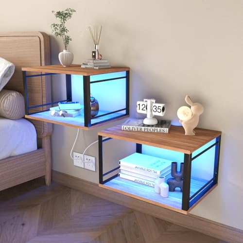 BYNYXI Schwebender Nachttisch 2er Set, Offener Nachttisch mit Beleuchtung Metallrahmen und Holzplatte Wandregal Metall Beistelltisch Schwebende Regale für Schlafzimmer Wohnzimmer 40x30x22cm