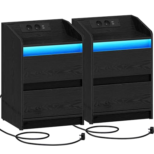 Hzuaneri Nachttische 2er Set mit LED-Lichtern, Ladestation und 2 Schubladen, Beistelltisch mit USB-Anschlüssen & Steckdosen, Stilvoll und vielseitig, für Wohnzimmer und Schlafzimmer, Schwarz NS30104X