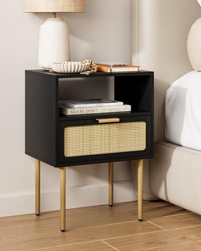 HEYZOEY Nachttisch aus Rattan, schwarzer Nachttische, Kleiner Beistelltisch mit Schublade, Nachttischmöbel, Beistelltisch mit goldenem Rahmen für Schlafzimmer, Wohnzimmer HEYZOEY Nachttisch aus Rattan, schwarzer Nachttische, Kleiner Beistelltisch mit Schublade, Nachttischmöbel, Beistelltisch mit goldenem Rahmen für Schlafzimmer, Wohnzimmer