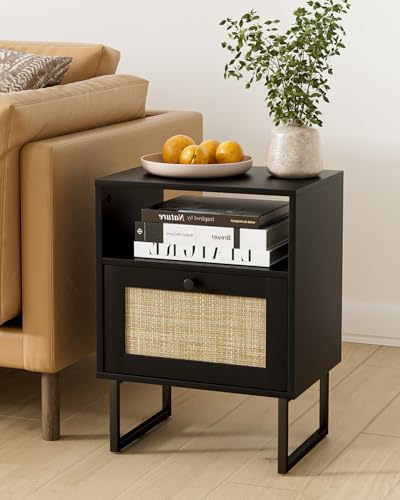 Boho Groß Nachttisch, Kleiner Rattan Nachttisch, Holz Nachttisch mit Schublade und Schwarzer Eiche Regal, Beistelltisch, Beistelltisch für Schlafzimmer, Wohnzimmer, Büro (Schwarze Eiche)