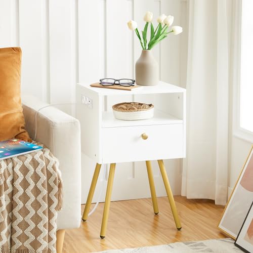 HOOBRO Nachttisch, Nachttische mit Ladestation, Beistelltisch mit Schublade und Offenem Fach, Sofatisch, 28 x 38 x 60, Beistelltisch für Schlafzimmer, Weiß und Gold EDW88CBZ01