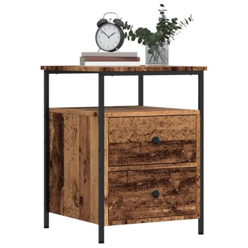 SKTQYQO Nachttisch aus antikem Holz, mehrschichtig, 44 x 45 x 60 cm mit 2 Schubladen und Fach, robuste Tischplatte und Metallbeine für Inneneinrichtung, klassisches Design und robustes Material