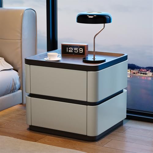 HJYBFA Nachttisch aus Leder mit 2 Schubladen, moderner Massivholzschrank, Schlafzimmer-Beistelltisc h (Milchkaffee, 45,7 x 39,9 x 50 cm)