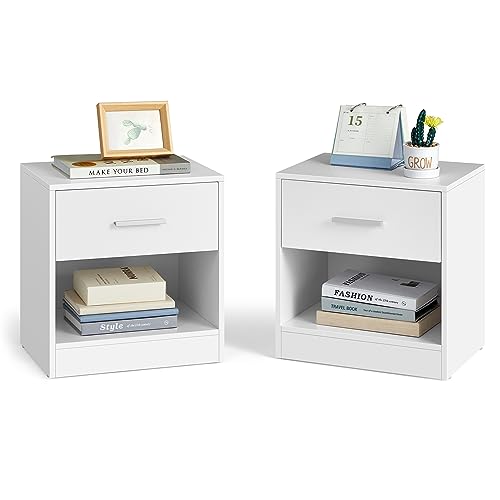 VASAGLE, 2er Set, Beistelltisch, Schublade, Griff, offenes Fach, Couchtisch, für Schlafzimmer, Wohnzimmer, klassikweiß LET819T14