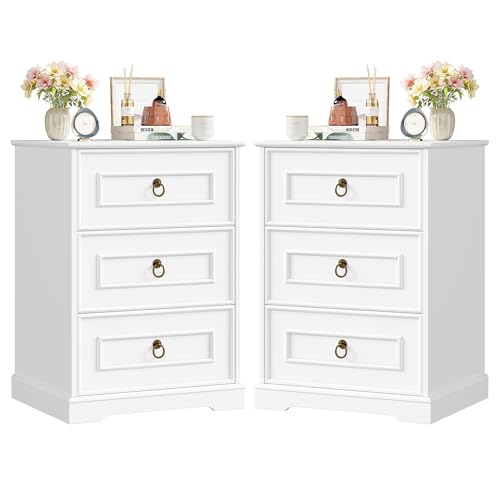FOREHILL 2er Set Nachttisch Nachtschrank mit 3 Schubladen, Nachtkommode Boxspringbett Beistelltisch für Schlafzimmer, Wohnzimmer 45,5x38x64 cm, Weiß