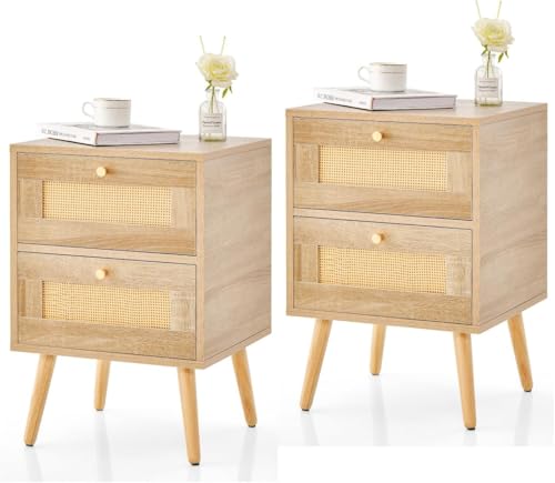 GIANTEX Nachttisch 2er Set, Nachtschrank Rattan Boho, Nachtkästchen mit 2 Schubladen, Nachtkommode mit Holzbeinen, Nachtkonsole Landhausstil, Kleiner Beistelltisch Sofatisch, 40 x 40 x 59 cm, Natur
