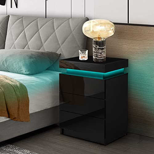 CLIPOP Nachttisch mit LED-Beleuchtung,Einstellb are Farben,Beistelltisch Nachtschrank mit 3 Schubladen und 1 Verstecktes Staufach,Hochglanz Wohnzimmer Schlafzimmer Möbel, Schwarz